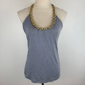 Y2K Even Grey Halter Top Gold Chain Neckline Ribbon Tie Back Women's Size Med